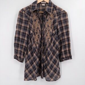 Y2K Zoe D Brown Plaid Embroidered Tunic Blouse Boho‎ Small Semi-Sheer Layering